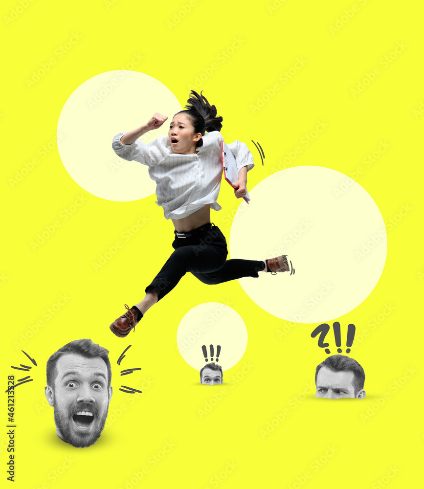 Modern design, contemporary art collage. Inspiration, idea, trendy urban magazine style. Young asian girl running over heads of colleagues - obrazy, fototapety, plakaty 