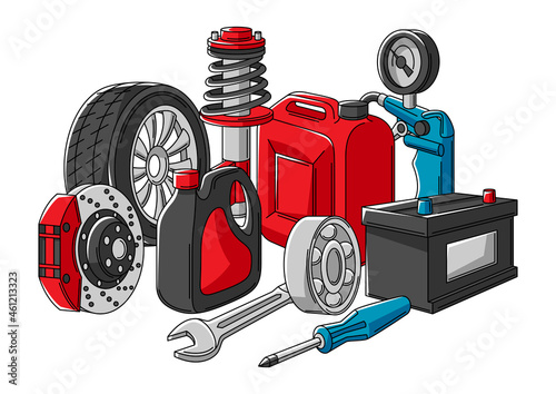 Car service illustration. Auto center repair concept for advertising with transport items.