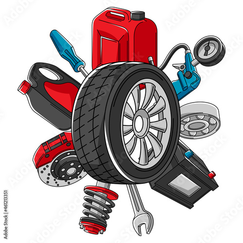 Car service illustration. Auto center repair concept for advertising with transport items.