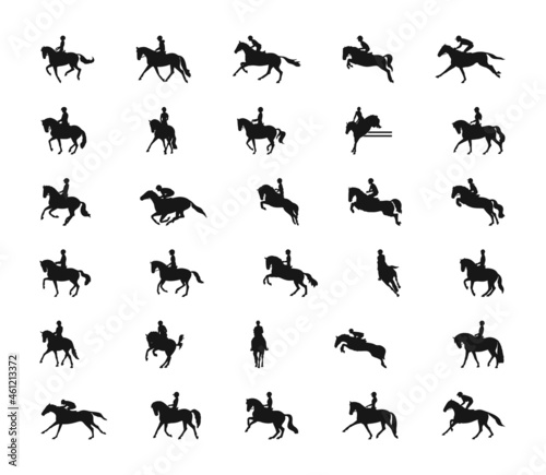 Set of vector silhouettes on the theme of equestrian sport, dressage, show jumping, eventing, horse racing © irinamaksimova