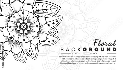 Background with mehndi flowers. Black lines on white background. Banner or card template.