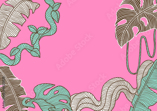 Background with palm leaves and twisted wild liana branch. Jungle vines plant. Decorative tropical rainforest foliage.