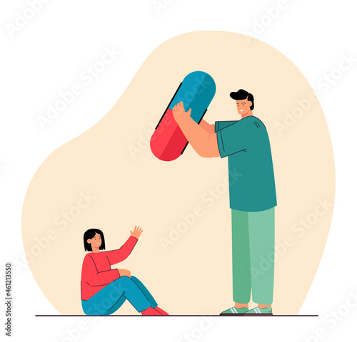 Man doctor giving pill to upset depressed woman. Male medical specialist helping unhappy female patient, prescribing antidepressants. Healthcare, first aid concept. Flat vector illustration.