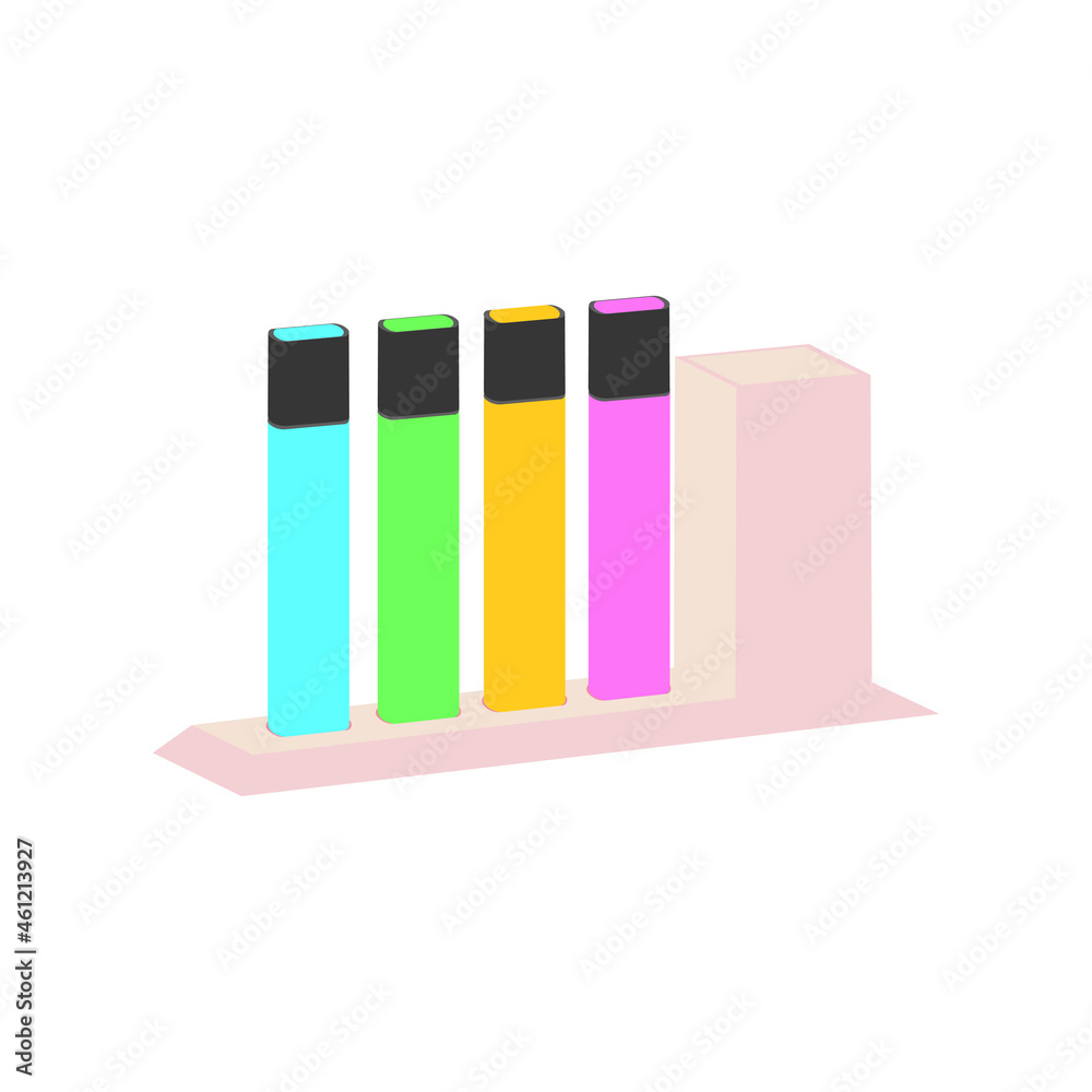 four highlighters in distinct containers, each with a flat design illustration four highlighters in distinct containers, each with a flat design illustration