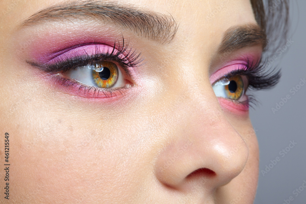 Fototapeta premium Closeup shot of human female face with pink makeup.