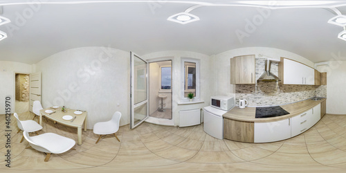 360 seamless hdri panorama view inside small white kitchen with served table and with open door to loggia in equirectangular spherical projection, ready AR VR virtual reality content