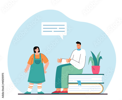 Girl talking to guy sitting on books pile. Flat vector illustration. Man and woman communicating sharing thoughts. Literature, education, imagination concept. Web page landing.