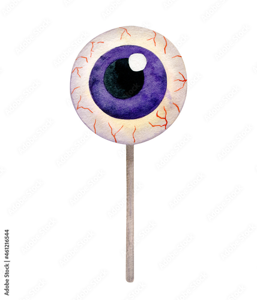 Halloween lilac eye Cake Pop, Candy. Watercolor illustration isolated on white. Halloween scary sweets. Halloween lilac eye Cake Pop, Candy. Watercolor illustration isolated on white. Halloween scary sweets.