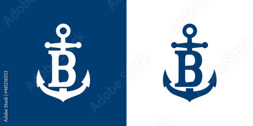 Logotipo con letra inicial B en silueta de ancla de barco en fondo azul y fondo blanco