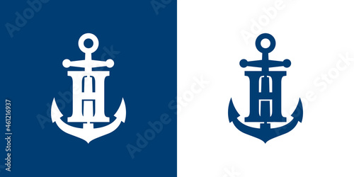 Logotipo con letra inicial H en silueta de ancla de barco en fondo azul y fondo blanco