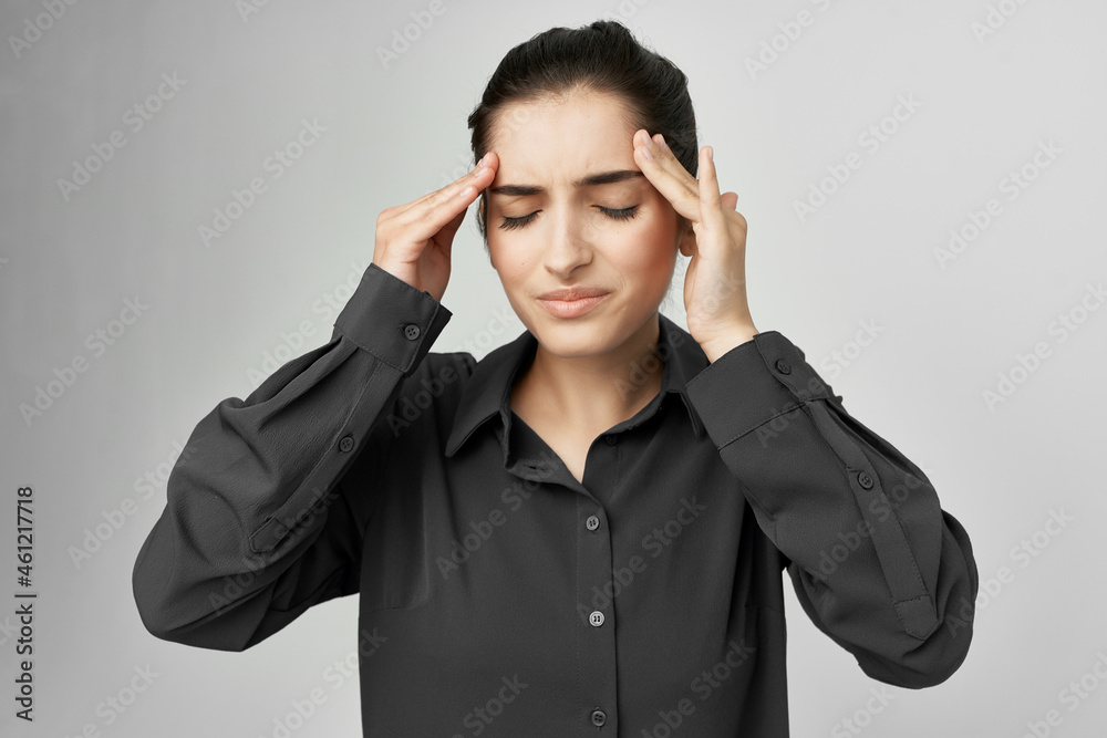 woman in black shirt headache discontent trouble isolated background woman in black shirt headache discontent trouble isolated background