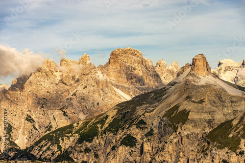 Peaks of Monte Rudo or Rautkofel, Croda dei Rondoi or Schwalbenkofel, Torre dei Scarperi or Schwabenalpenkopf, Croda dei Baranci, Cima Piatta Alta. Sesto Dolomites of Tre Cime di Lavaredo, Alps, Italy