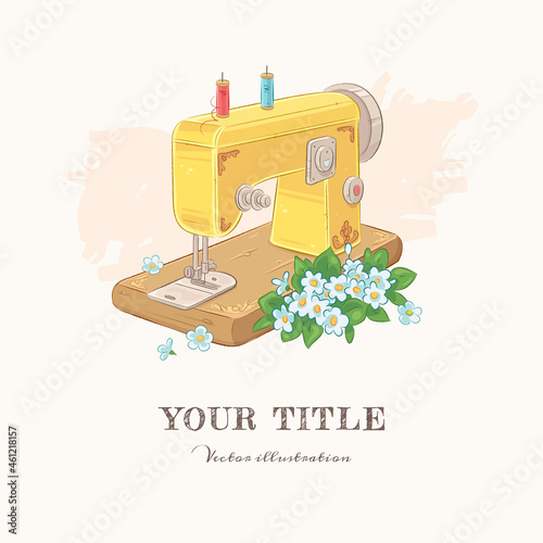 Hand drawn illustration of sewing machine and flowers