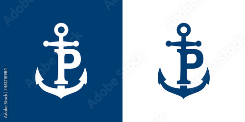 Logotipo con letra inicial P en silueta de ancla de barco en fondo azul y fondo blanco
