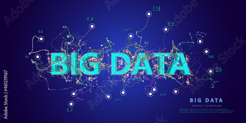 Abstract background with chaotic  lines connecting dots with wireframe big data text . Analytics algorithms data. Big data. Quantum cryptography concept. Banner for business, science and technology.