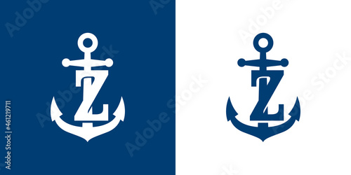 Logotipo con letra inicial Z en silueta de ancla de barco en fondo azul y fondo blanco