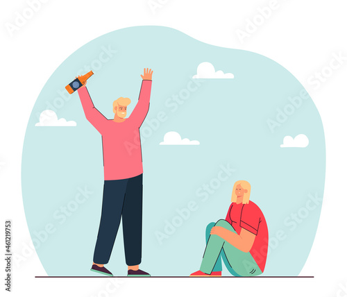 Drunk husband with bottle shouting at wife sitting on floor. Male alcoholic threatening woman flat vector illustration. Alcoholism, domestic abuse concept for banner, website design or landing page