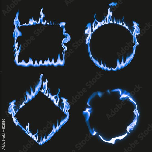 Flame frame, blue square circle shapes, realistic burning fire vector set