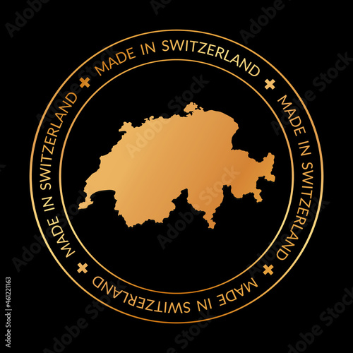 MADE IN SWITZERLAND - round vector banner with golden map of Switzerland 