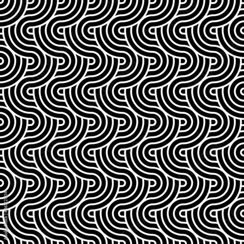 Abstract trendy waves with contour intertwined in black and white. Seamless modern pattern for stylish fabrics  decorative pillows  wrapping paper. 