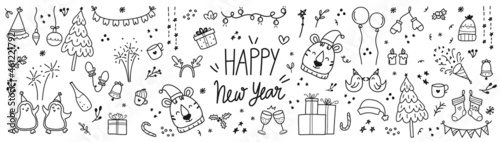Happy new year cute doodle vector set. Tiger year hand drawn design with , love, floral, birds, Christmas tree , firework, balloon, penguin, rainbow, winter hats, sock, gloves, gifts and star. EPS10.