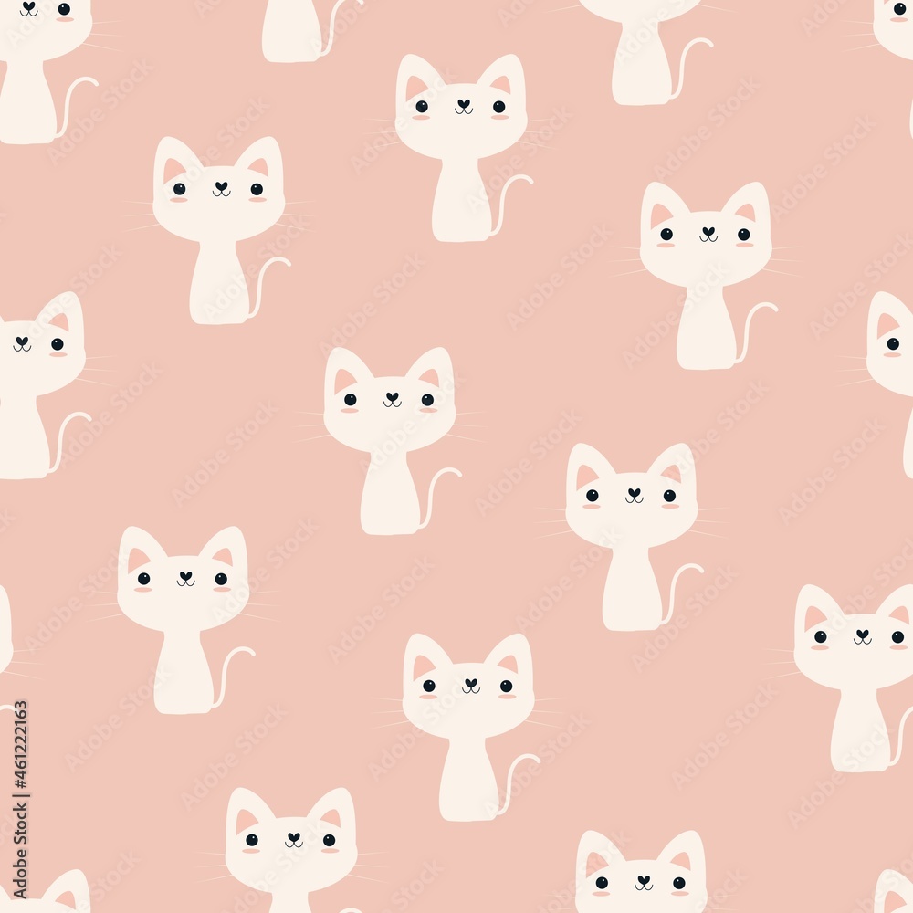 Seamless pattern with cute white cat