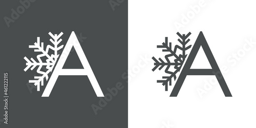 Logotipo letra A con silueta de copo de nieve en fondo gris y fondo blanco