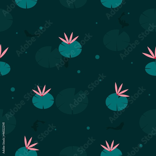 Fish pond with lotus flower seamless pattern