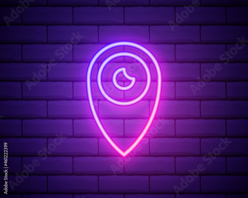 eye pin neon icon. Elements of Mad science set. Simple icon for websites, web design, mobile app, info graphics isolated on brick wall