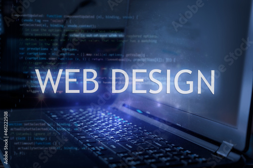 Web design inscription against laptop and code background. Learn web design, computer courses, training.