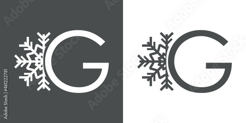 Logotipo letra G con silueta de copo de nieve en fondo gris y fondo blanco