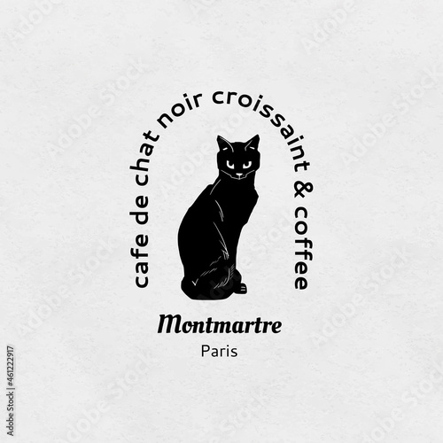 Vintage cat logo linocut vector editable template photo