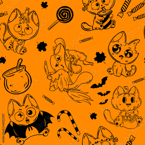 Vector seamless pattern for Halloween. Orange endless background with cats. The holiday texture is perfect for gift wrapping, home decor, and textiles.