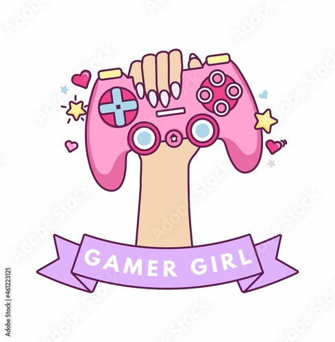 Gamer girl kawaii vector illustration with hand holding a pink gaming controller.