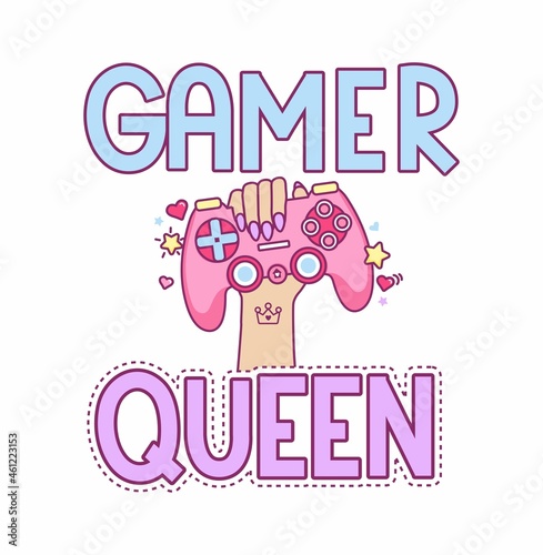 Gamer queen hand drawn vector illustration with hand holding a pink gaming controller and lettering. Cute kawaii 90s vintage design for sticker, logo, pin, print, card, birthday party. Flat style