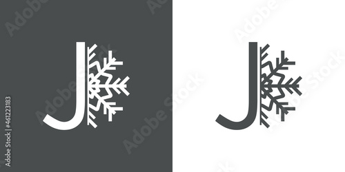 Logotipo letra J con silueta de copo de nieve en fondo gris y fondo blanco