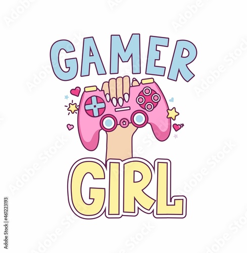 Gamer girl hand drawn vector illustration with hand holding a pink gaming controller and lettering. Cute kawaii 90s vintage design for sticker, logo, pin, print, card, birthday party. Flat style