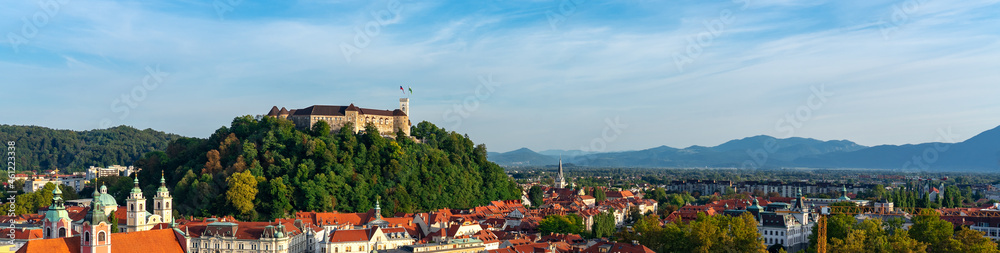 Arial panormic View of Ljubljana castle Ljubljanski grad Laibacher Schloss and the old town of Ljubljana