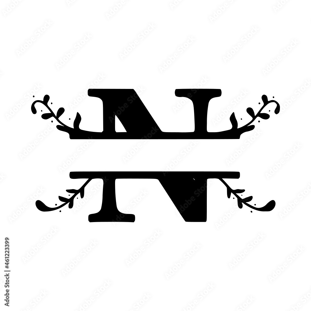 Fototapeta premium Letter n decorative floral personalized monogram, name initial clip art