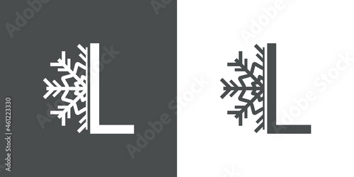 Logotipo letra L con silueta de copo de nieve en fondo gris y fondo blanco