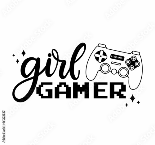 Gamer girl hand drawn vector illustration with gaming controller and lettering. Cute 90s vintage design for sticker, logo, pin, print, card, birthday party. Flat style gamer quote art.