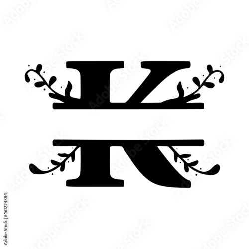 Letter k decorative floral personalized monogram, name initial clip art