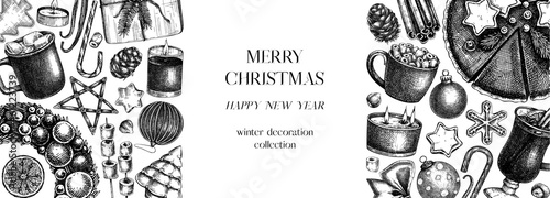 Vintage Christmas banner design. Hand-sketched holiday background with Christmas decoration, traditional sweets and winter plants. Christmas or New Year template for ads, social media, web banners.