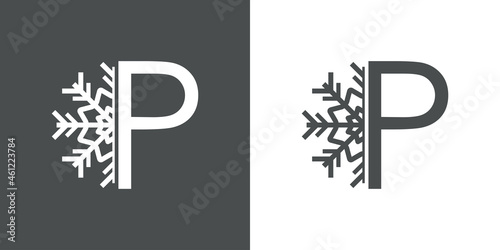 Logotipo letra P con silueta de copo de nieve en fondo gris y fondo blanco