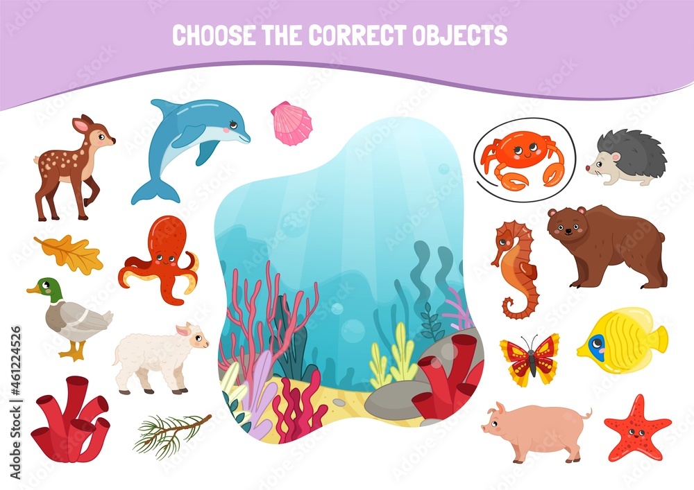 Naklejka premium Educational game for children. Cartoon cute animals. Choose the correct objects. Who lives in the ocean. 
