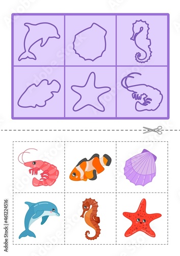 Educational  game for children. Find the right shadow. Cute cartoon  sea animals. Contour lotto for toddlers.
