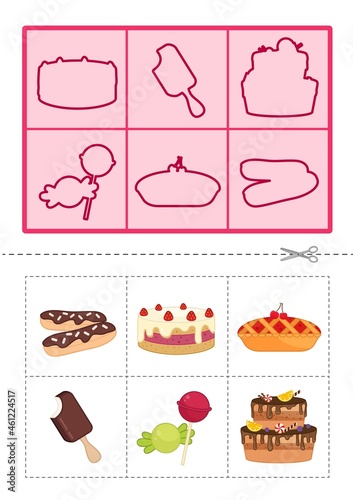 Educational  game for children. Find the right shadow. Cute cartoon  sweets. Contour lotto for toddlers.
