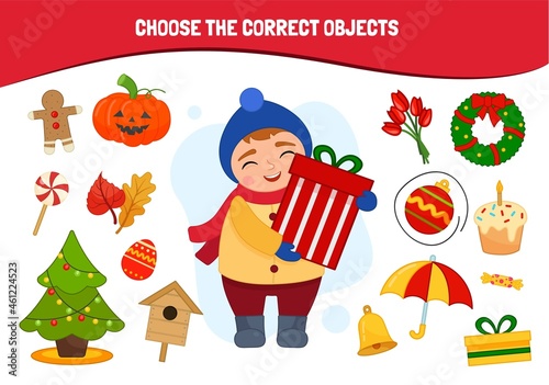 Educational game for children. Cartoon cute boy. Choose the correct objects. Christmas collection.
