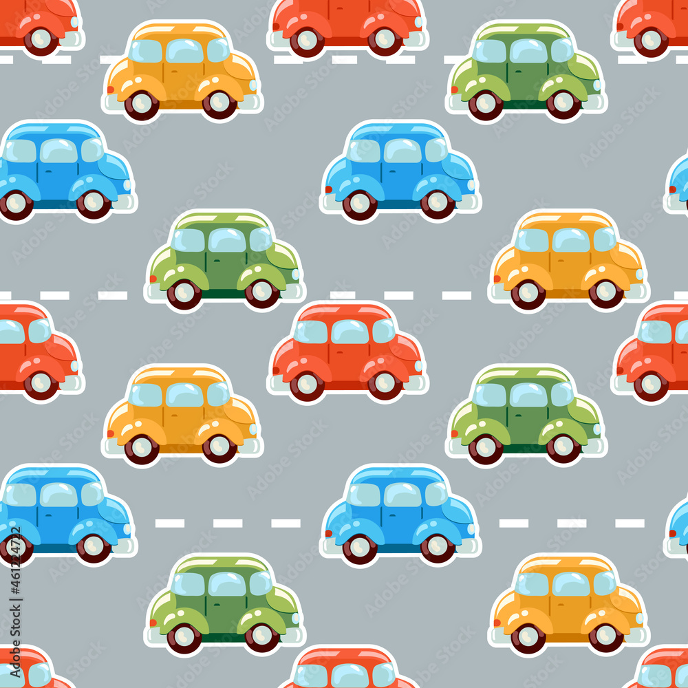 Cute pattern from multicolored cartoon cars that drive along the road.