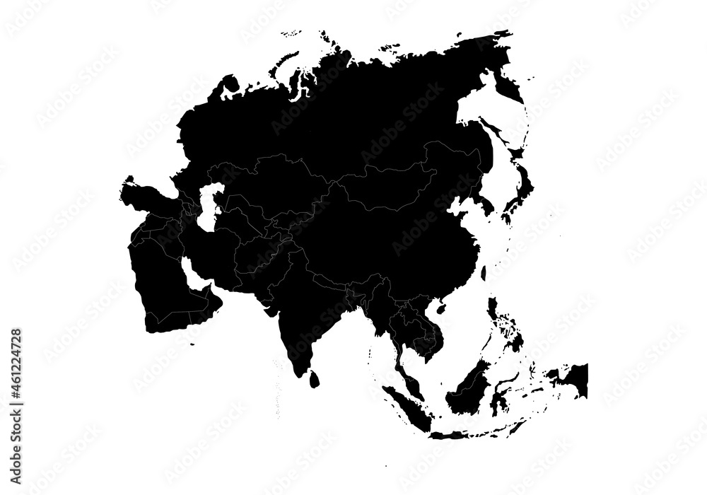 Silueta negra del mapa de Asia sobre fondo blanco. Continente asiático.
